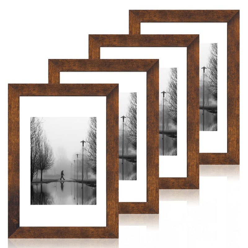 iRahmen 8x12 Picture Frame Set of 4 with High Definition Real Glass  Display 6x8 Pictures with Mat or 8 x 12 Without Mat  Wood Rustic Photo Frames for Tabletop and Wall Mounting - Image 1